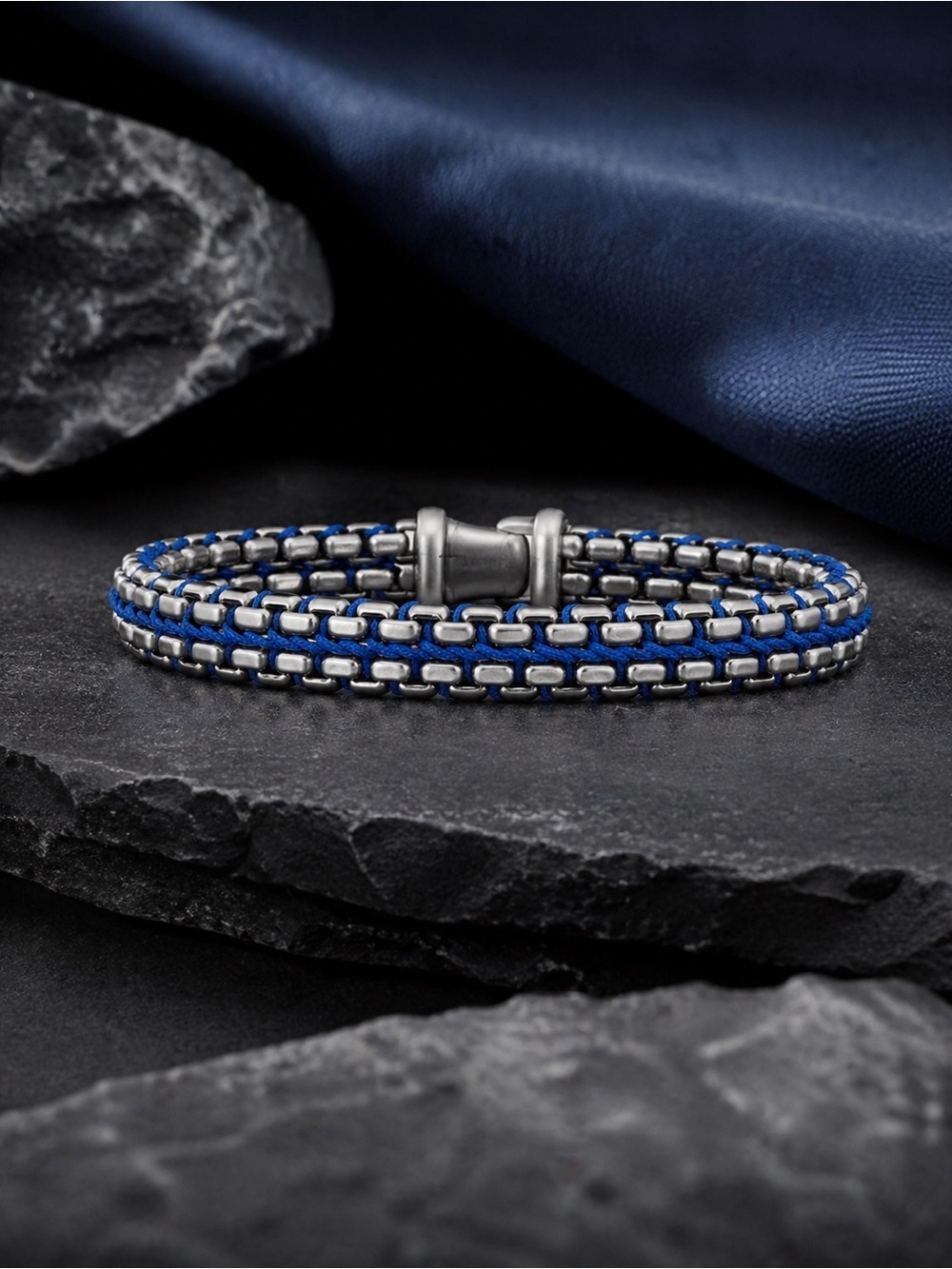 David Yurman Woven Box Chain Bracelet XL Sterling Silver Blue Nylon 12mm Men’s